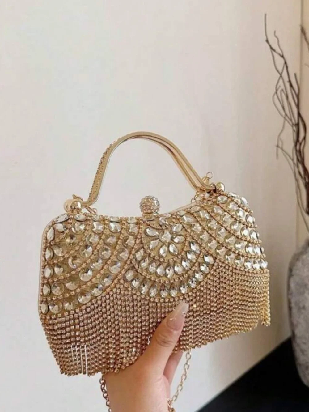 Gold Crystal Fringe Evening Clutch Handbag
